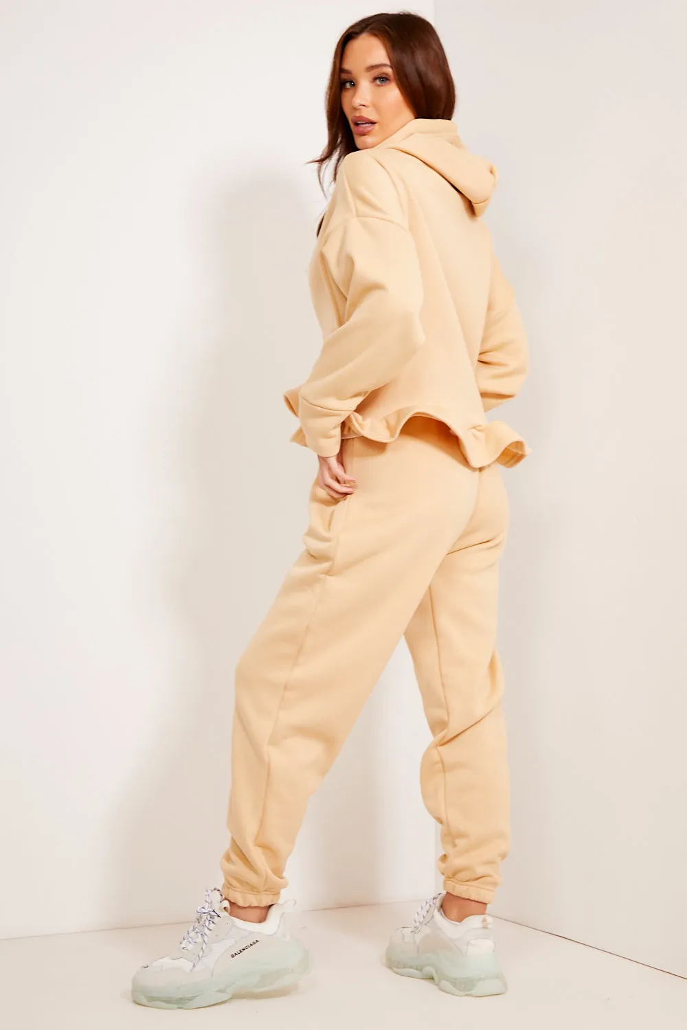 Arden Beige Frill Hem Hoodie and Joggers Tracksuit Set