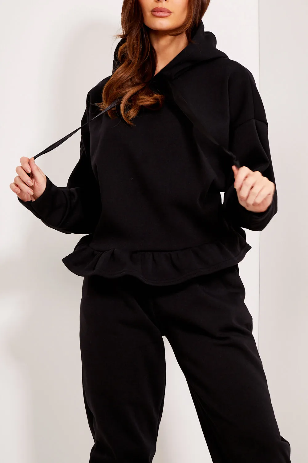 Arden Black Frill Hem Hoodie and Joggers Tracksuit Set