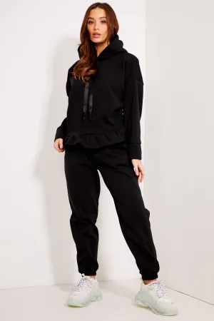Arden Black Frill Hem Hoodie and Joggers Tracksuit Set