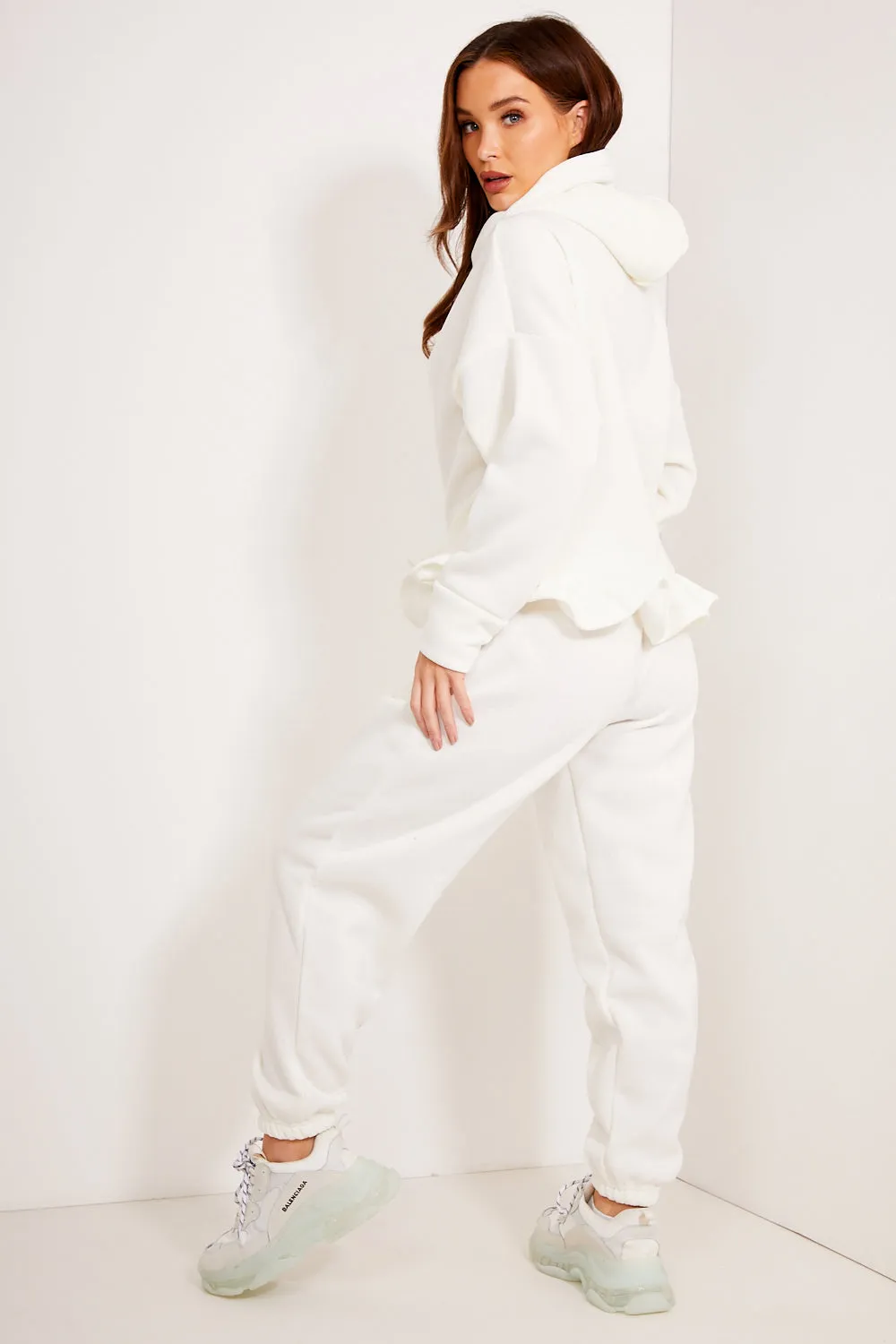 Arden White Frill Hem Hoodie and Joggers Tracksuit Set