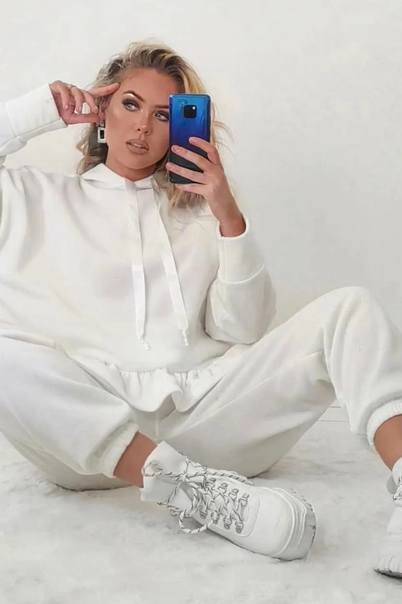 Arden White Frill Hem Hoodie and Joggers Tracksuit Set