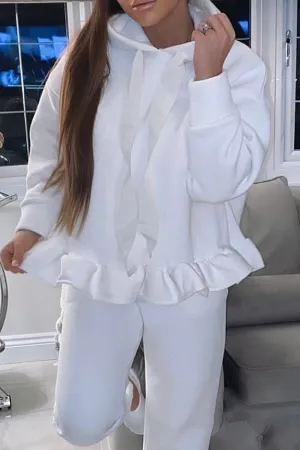 Arden White Frill Hem Hoodie and Joggers Tracksuit Set