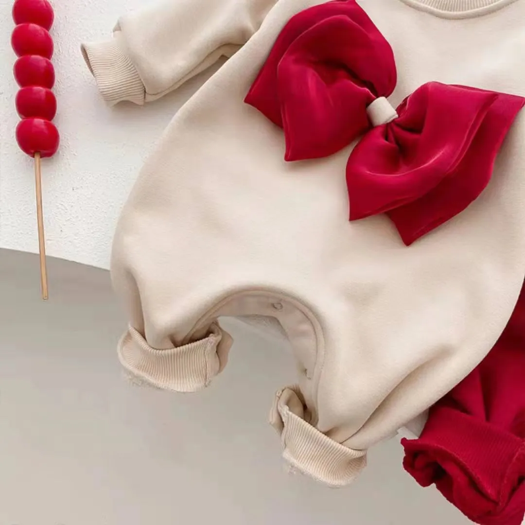 Big Bow Plush Winter Baby Romper