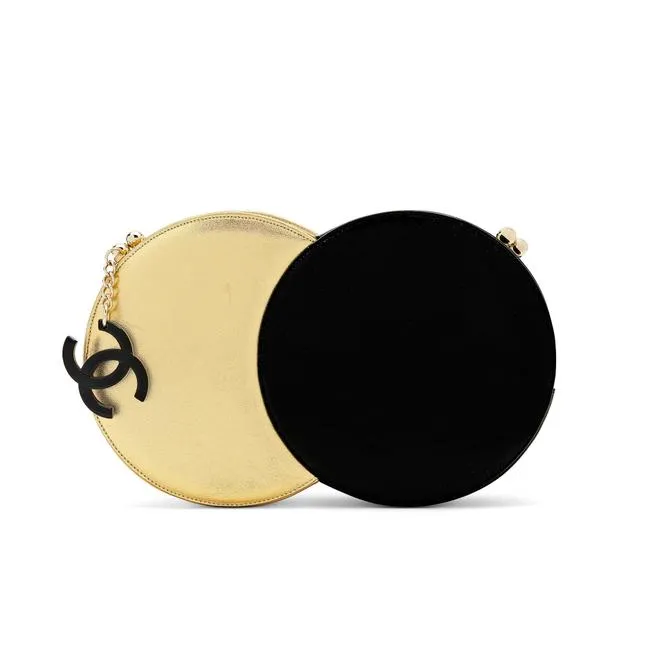 Chanel Minaudire Double Circle 70s Style Runway Rare Black & Metallic Clutch