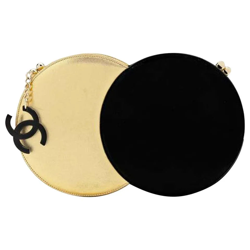Chanel Minaudire Double Circle 70s Style Runway Rare Black & Metallic Clutch