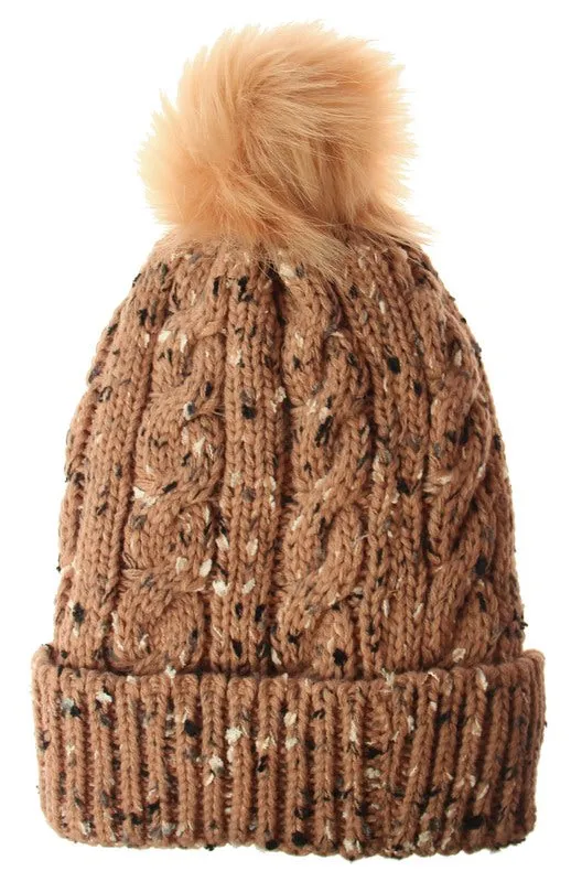 FLECKED BEANIE WITH POM POM AND FLEECE LINED