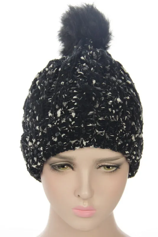 FLECKED BEANIE WITH POM POM AND FLEECE LINED