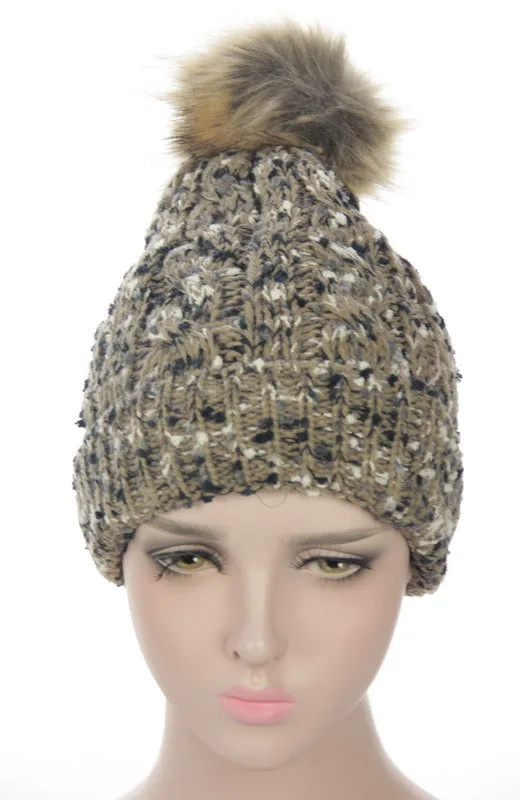 FLECKED BEANIE WITH POM POM AND FLEECE LINED