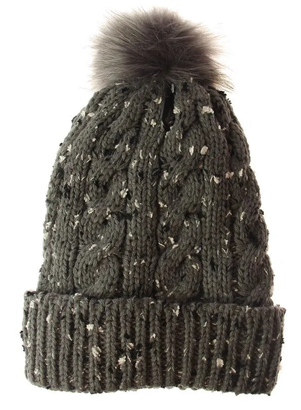 FLECKED BEANIE WITH POM POM AND FLEECE LINED