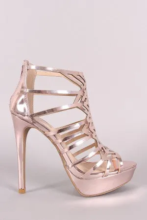 Qupid Metallic Caged Cutout Stiletto Platform Heel