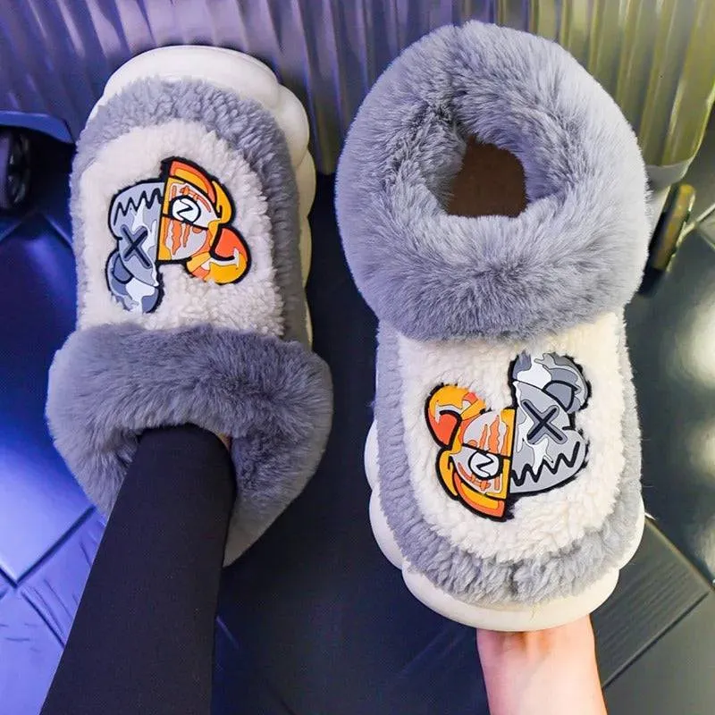 Winter Warm Shoes Plush Lining Indoor Slippers Couples Platform Heel High Top Snow Boots
