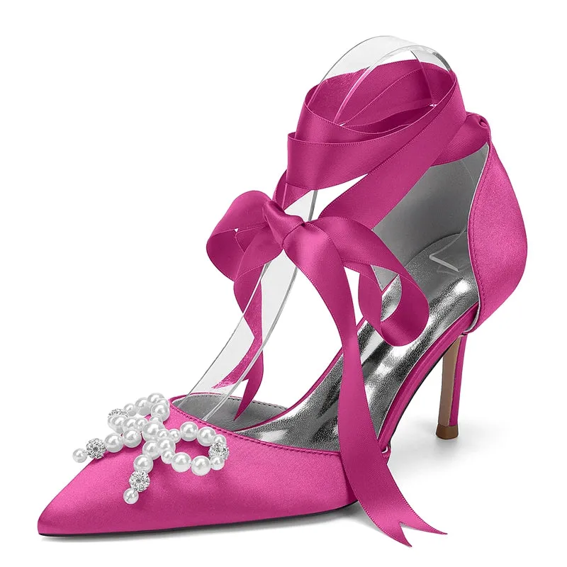 Women's Wedding Shoes High Heel Pointed Toe Ankle Straps Bridal Shoes with Fancy Pearl & Bowknot