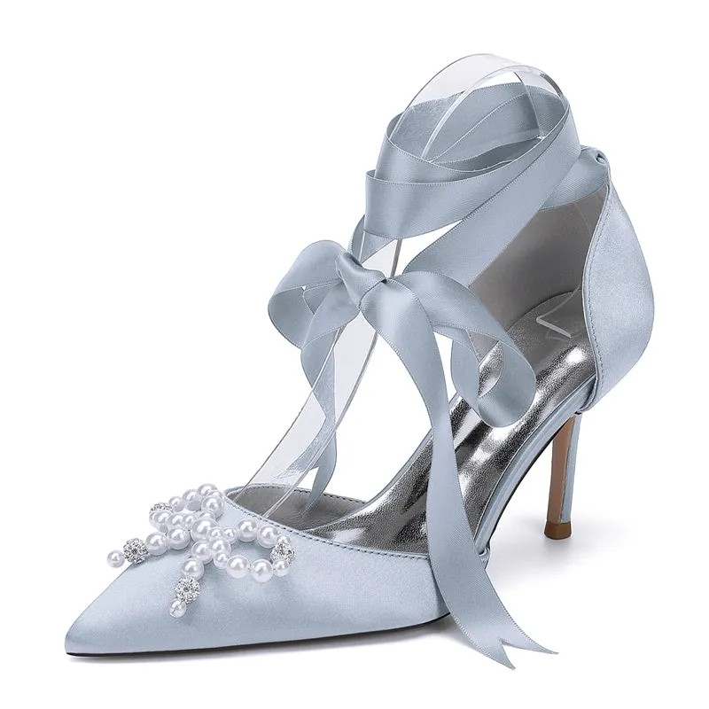 Women's Wedding Shoes High Heel Pointed Toe Ankle Straps Bridal Shoes with Fancy Pearl & Bowknot