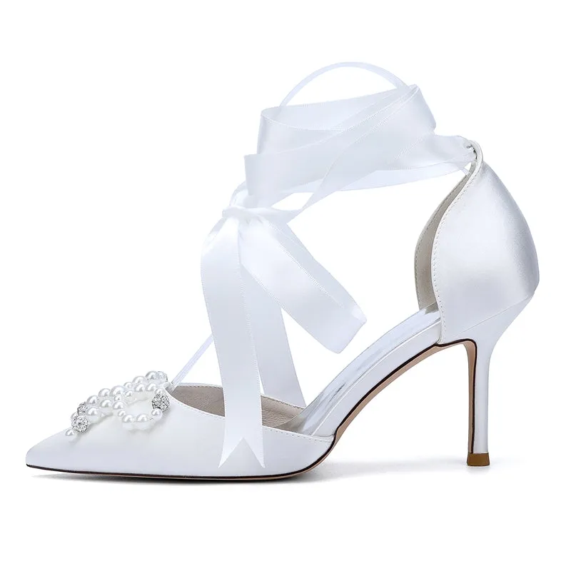 Women's Wedding Shoes High Heel Pointed Toe Ankle Straps Bridal Shoes with Fancy Pearl & Bowknot