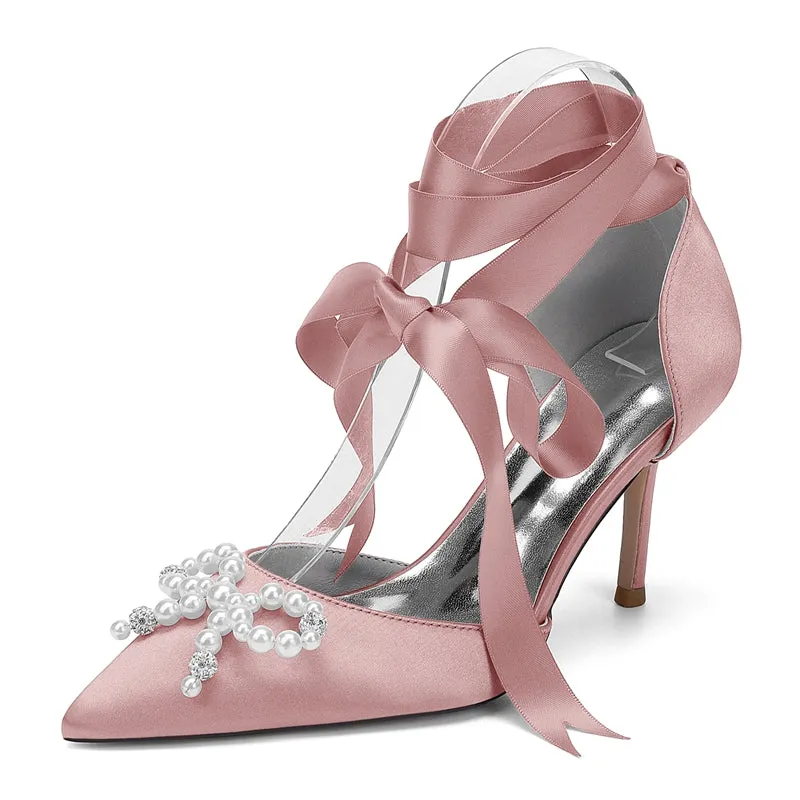 Women's Wedding Shoes High Heel Pointed Toe Ankle Straps Bridal Shoes with Fancy Pearl & Bowknot