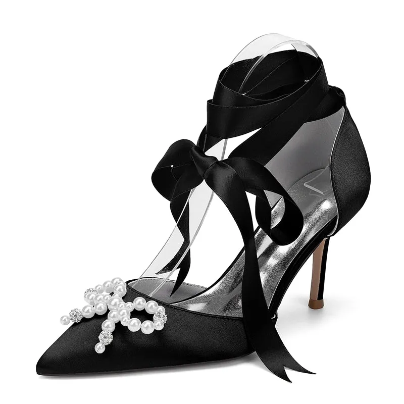 Women's Wedding Shoes High Heel Pointed Toe Ankle Straps Bridal Shoes with Fancy Pearl & Bowknot