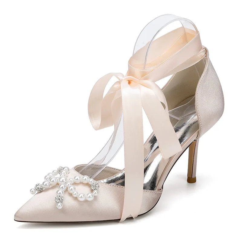 Women's Wedding Shoes High Heel Pointed Toe Ankle Straps Bridal Shoes with Fancy Pearl & Bowknot