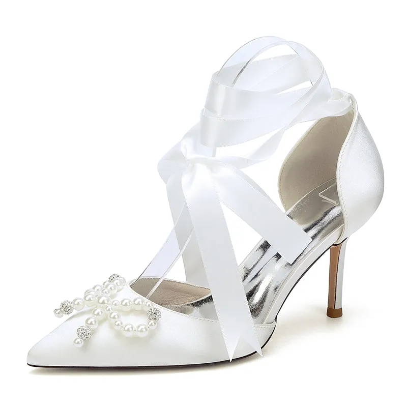 Women's Wedding Shoes High Heel Pointed Toe Ankle Straps Bridal Shoes with Fancy Pearl & Bowknot